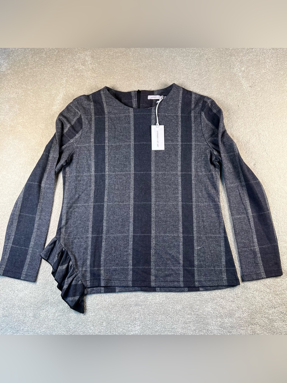 Side Ruffle Sweater Gray Plaid Crimson + Clover Boutique Zip Back Women's XL